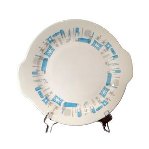 VTG Atomic MCM BLUE HEAVEN Royal China 11.5" Round Cake Plate w/ Handles Platter